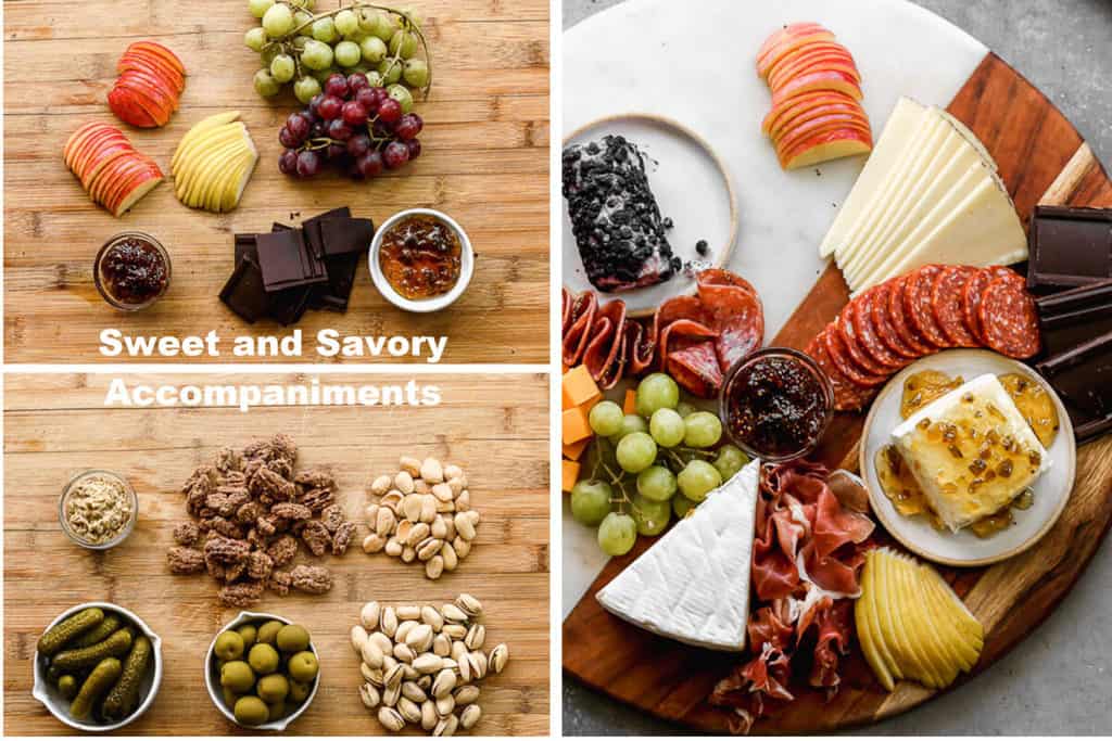 Sweet and savory charcuterie accompaniments in piles on a board, then added to a charcuterie. 