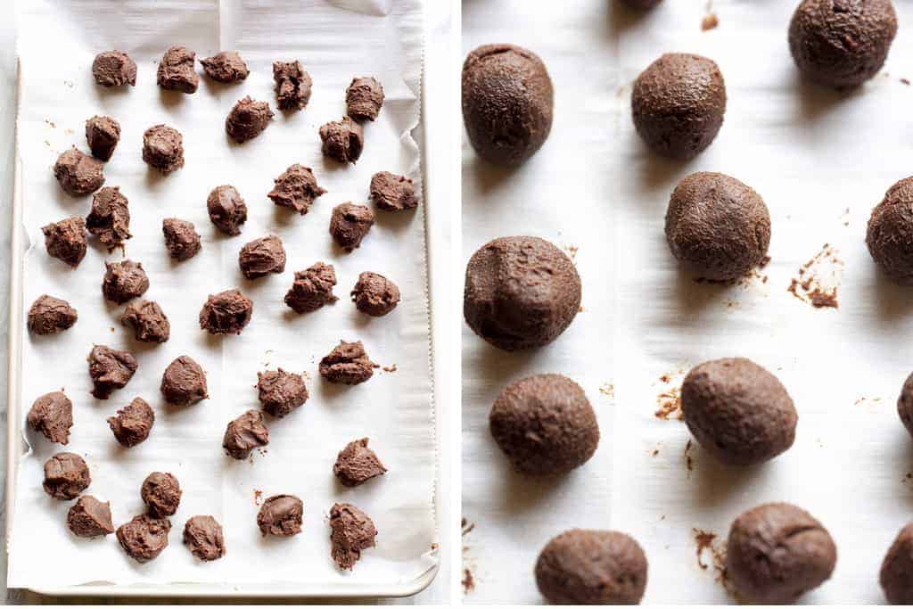 A baking sheet with mounds of truffles and then the truffles rolled into balls.