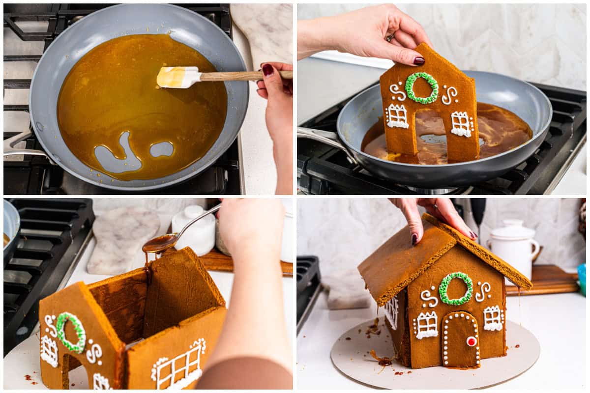 Learn how to construct a gingerbread house with melted, caramelized sugar. It dries super quickly and will hold it together for years. 