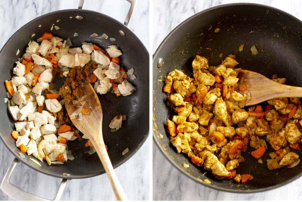 Chicken pieces, potato and carrot sautéing in a pan and the yellow curry paste added.