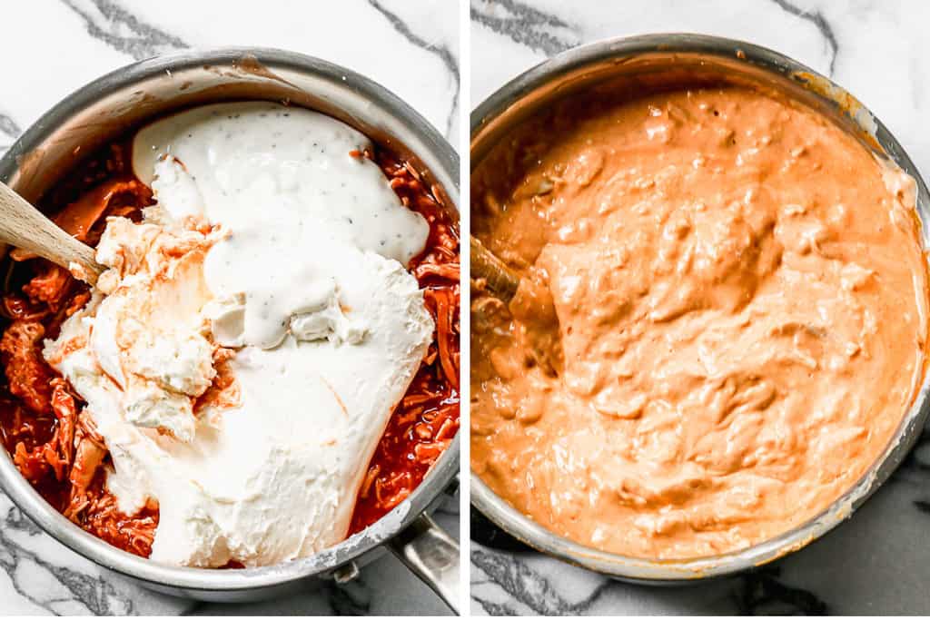 Ranch and cream cheese added to a pot with hot sauce and chicken, then stirred together.