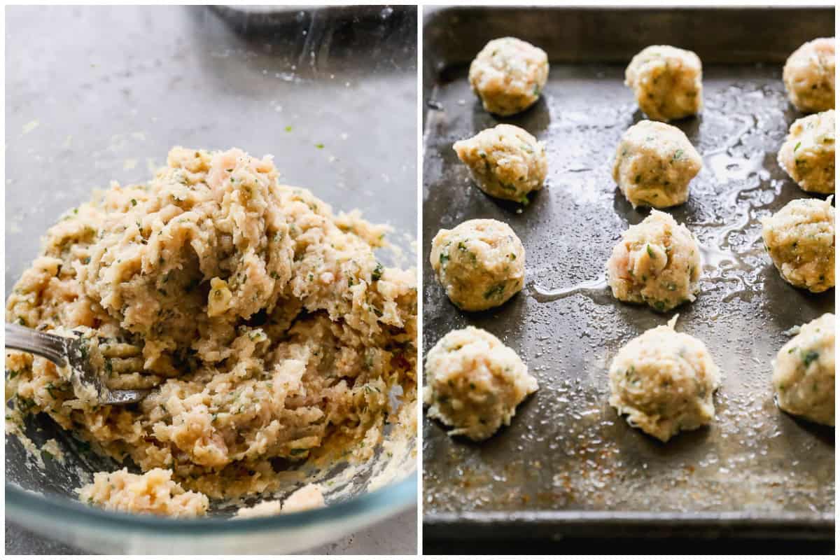 Two images showing how to make chicken meatballs by combining the ingredients then scooped into balls and placed on a baking sheet.