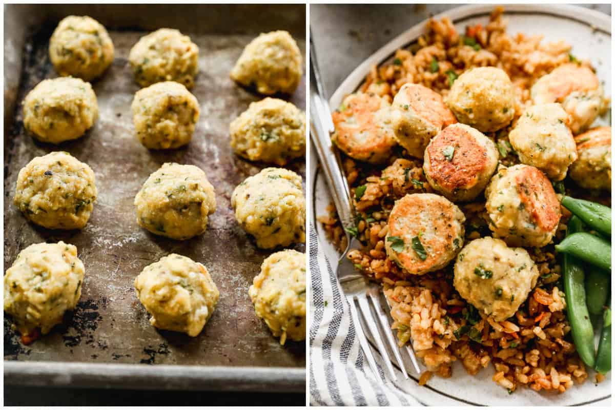 Two images showing the best chicken meatballs recipe baked on a baking sheet then served on top of a bed of wild rice pilaf and green beans.