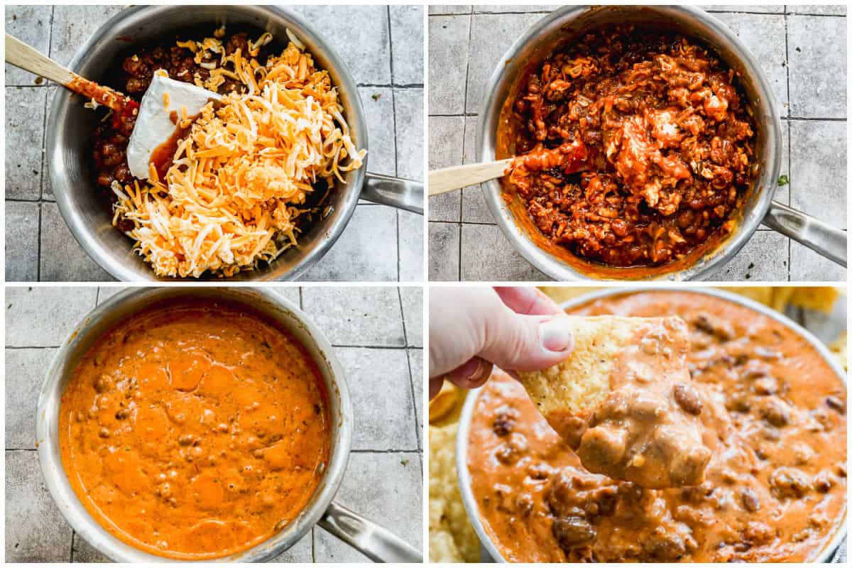 Four images showing how to make a chili cheese dip recipe by heating all of the ingredients together then dipping a tortilla chip in it.