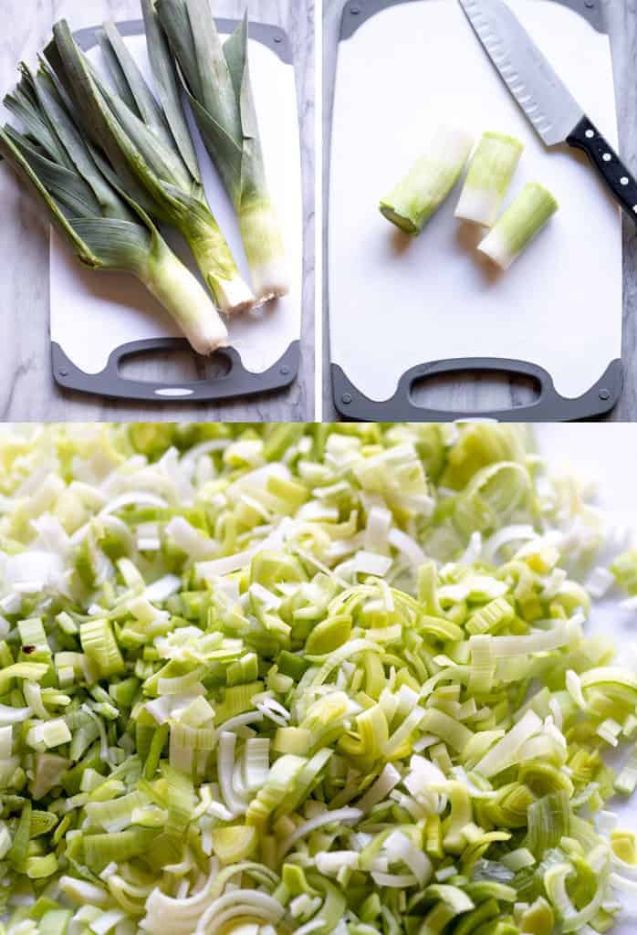 Three whole leeks, then the dark green stems cut off, and the leeks chopped on a cutting board.