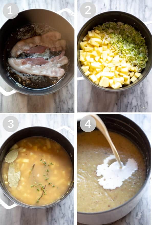 Four process photos for making leek and potato soup in a skillet including sauteed bacon, potatoes and leeks added, broth and seasonings, then blended and cream stirred in.