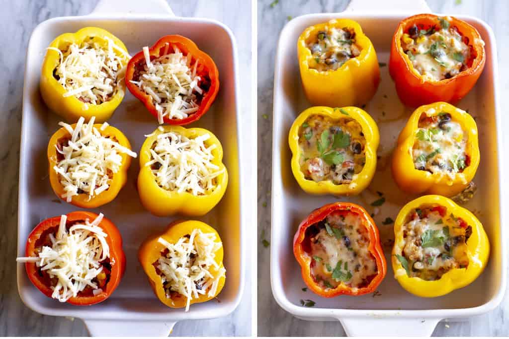 Stuffed bell peppers in a casserole dish with shredded cheese on top and then baked.