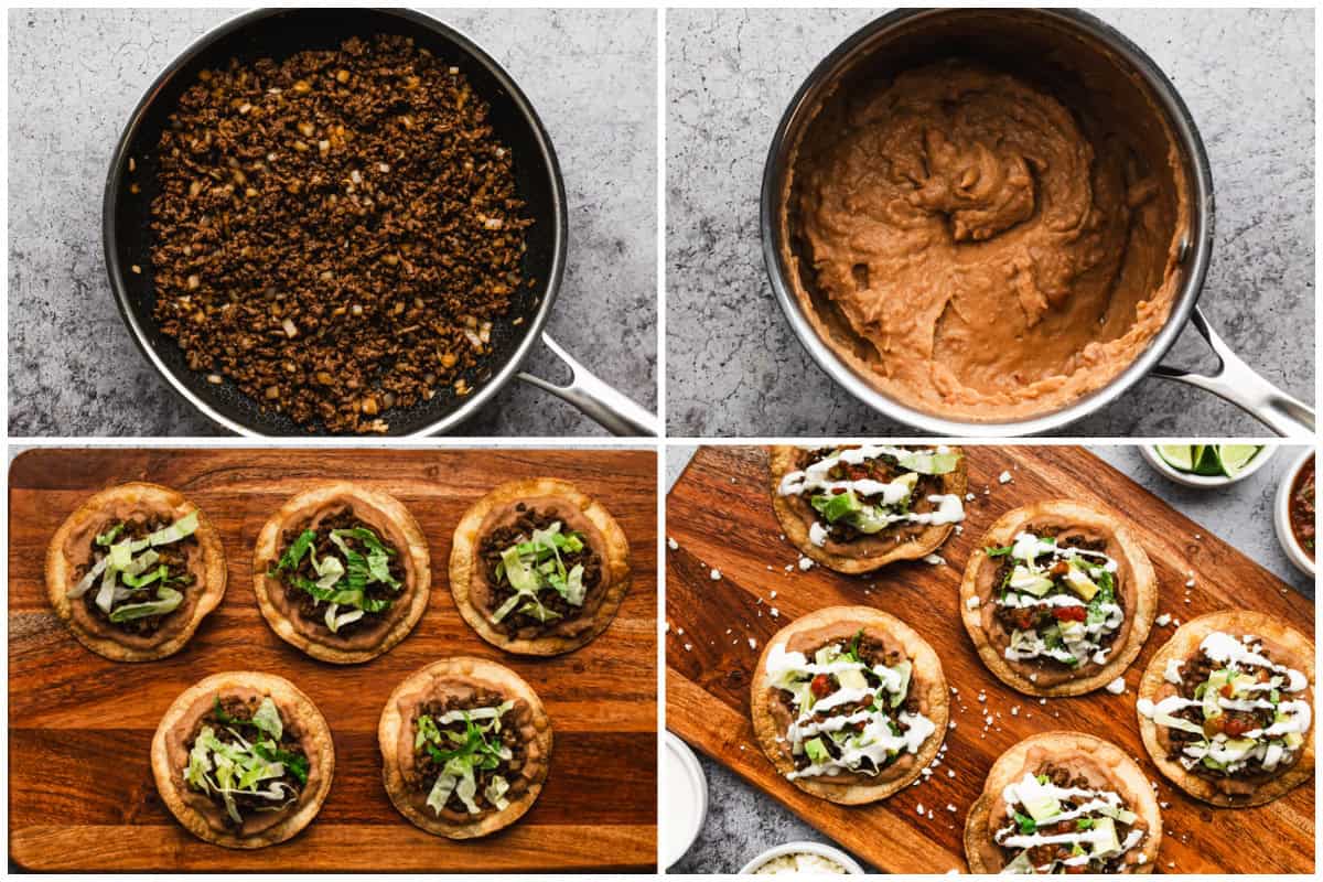 Learn how to make tostadas by just browning the meat, heating the refried beans (or making them from scratch!), and assembling your tostadas with your favorite toppings.