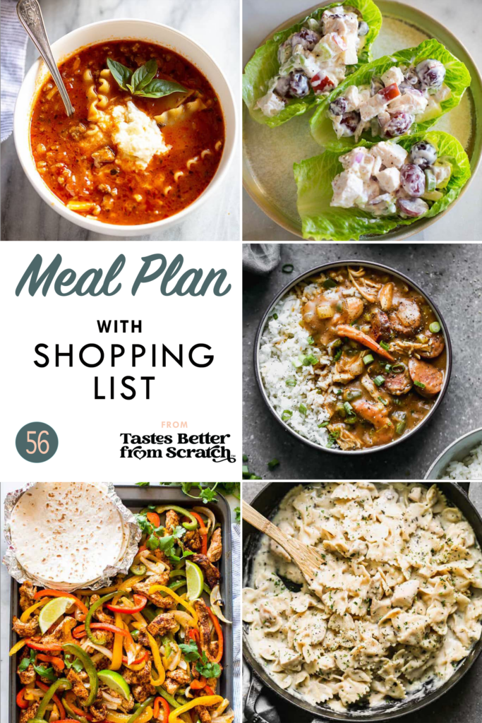 A collage of 5 dinner recipe images comprising a weekly meal plan.