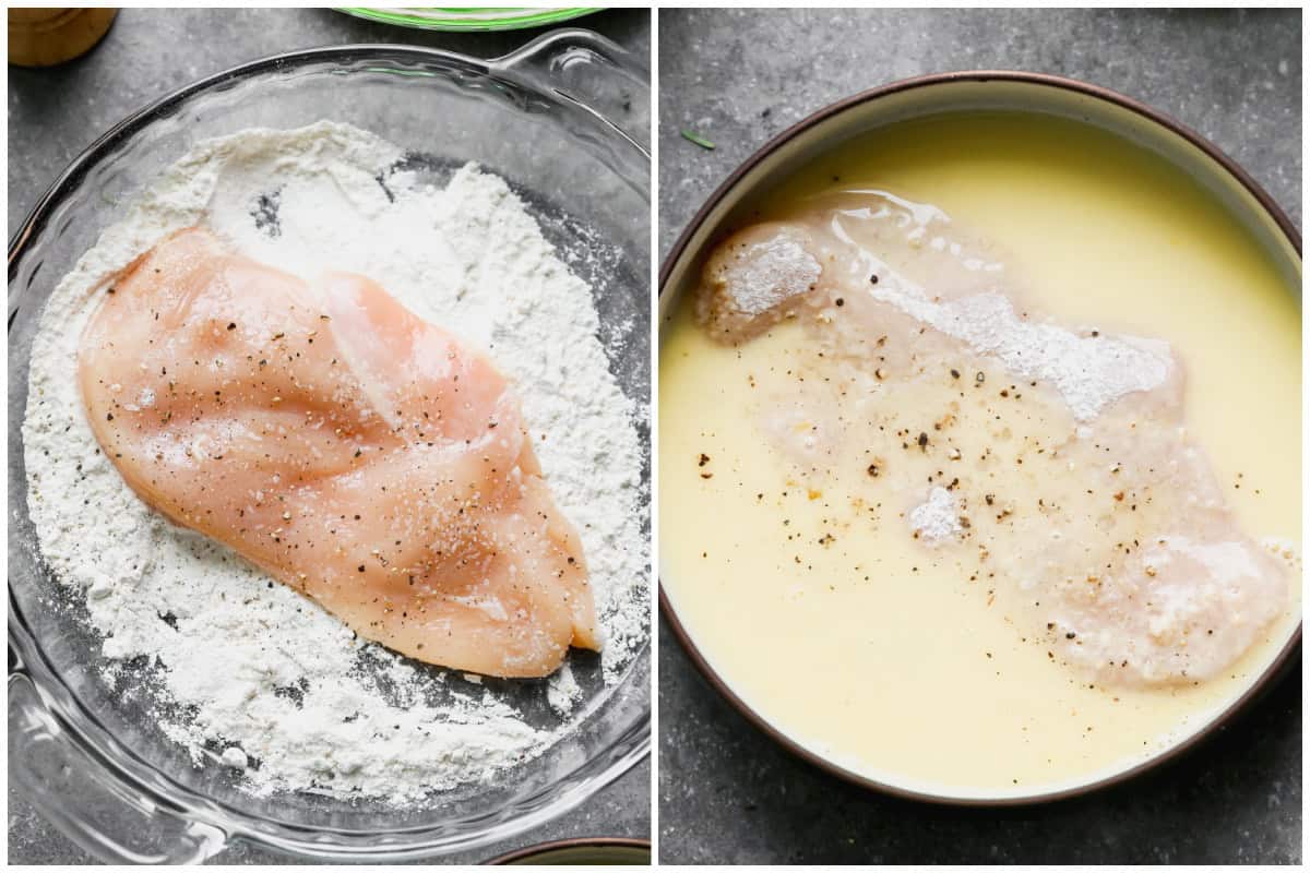 Two images showing an easy lemon chicken piccata recipe by dipping the chicken in flour then dredging in an egg mixture before pan frying.