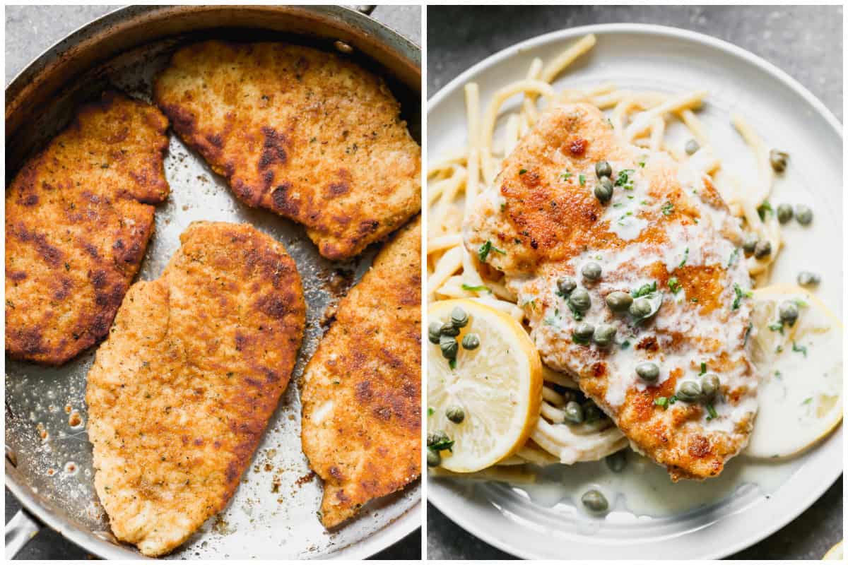Two images showing how to make chicken picatta by pan frying thin pieces of chicken breast then serving over pasta with a creamy lemon sauce and capers.
