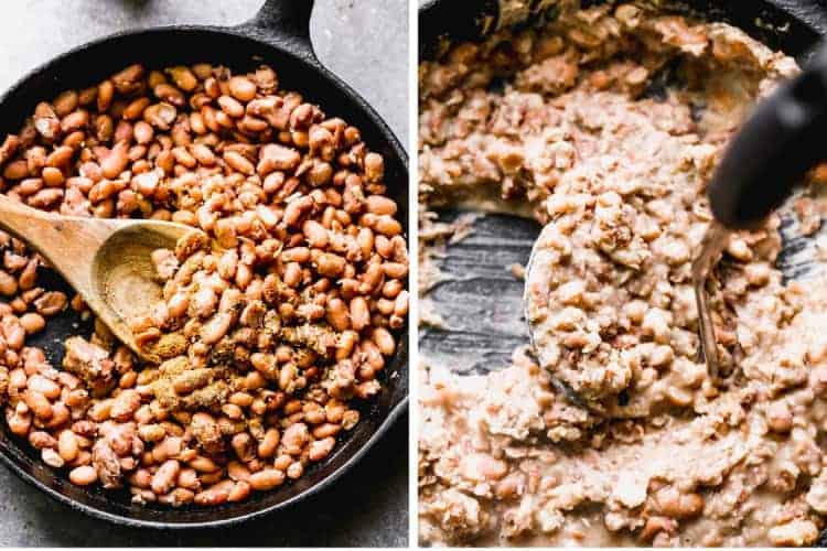 A skillet with refried beans whole, and then mashed.