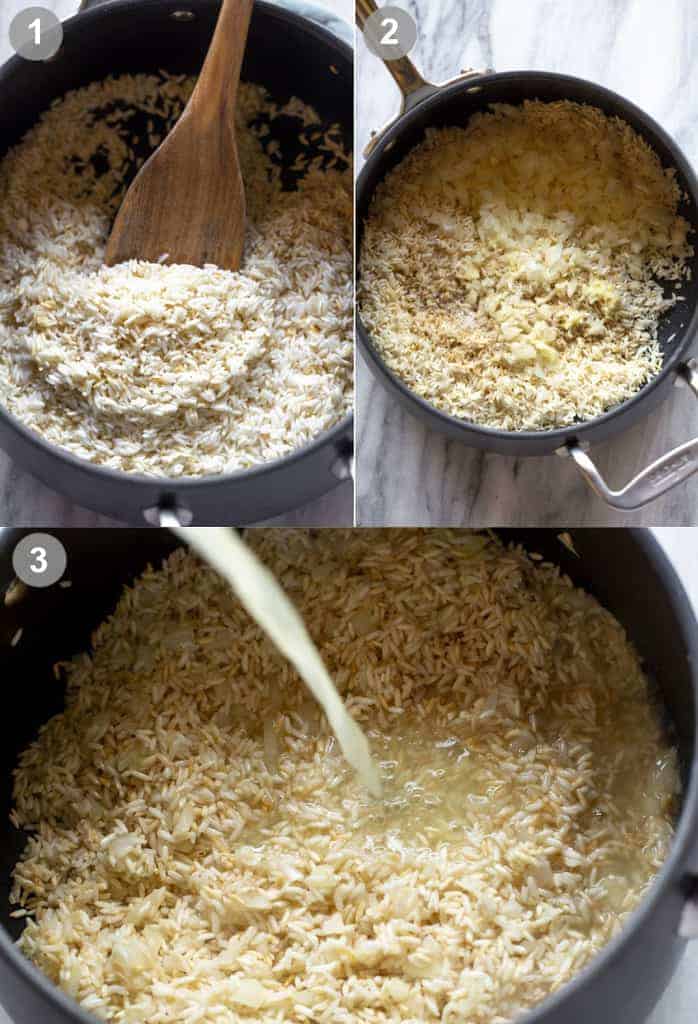Three process photos for cooking rice pilaf in a sauce pan.