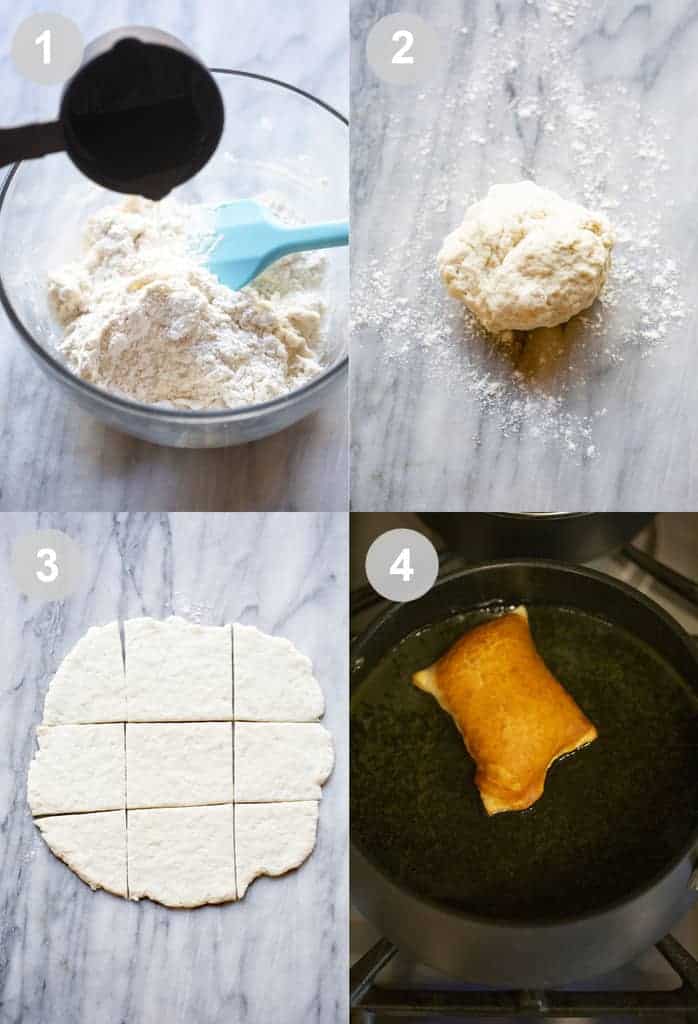 Four process photos for making, rolling out and frying the dough for sopapillas.