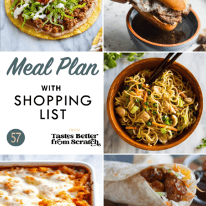 A collage of 5 dinner recipe images comprising a weekly meal plan.