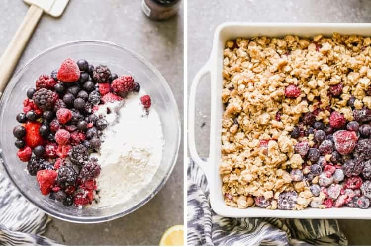 Two process photos for making berry crisp by mixing the berry filling and adding to a pan with crumble topping.