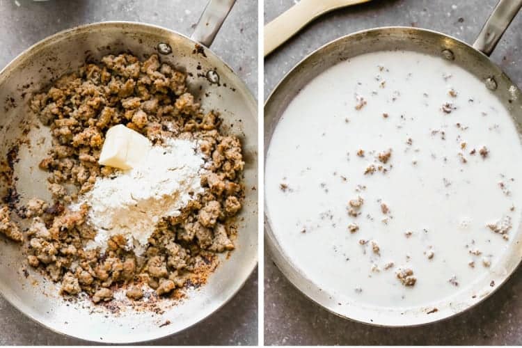 Two process photos for making sausage gravy in a skillet with ground pork, butter, flour and half and half.