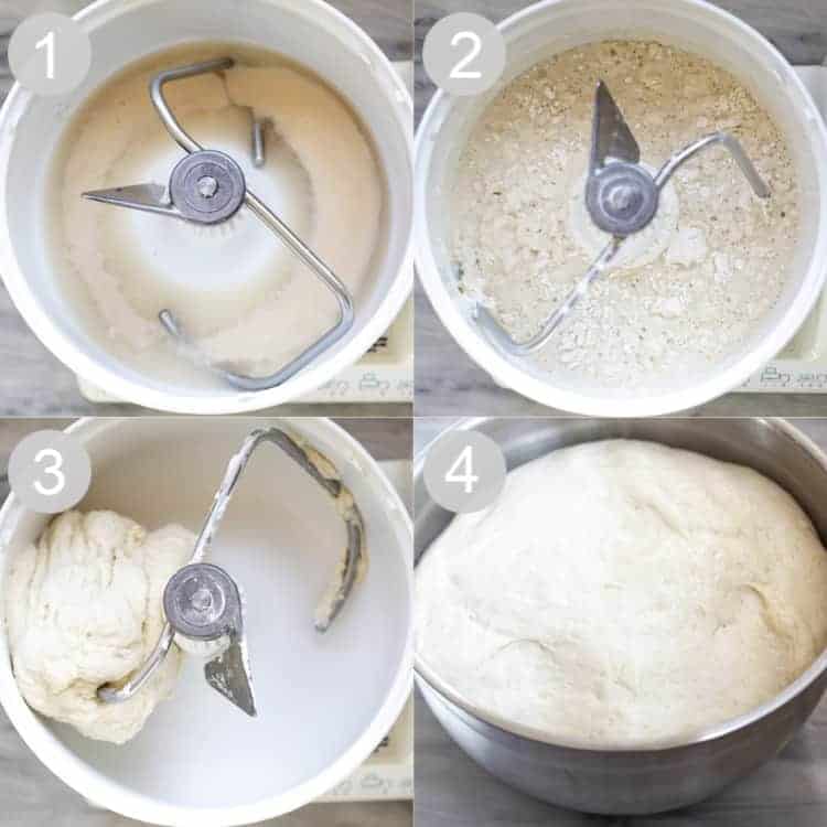 Four process photos for making bread dough in a mixer.