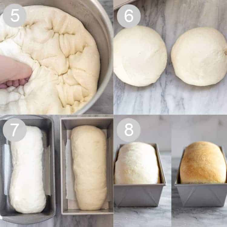 Four process photos for shaping and baking homemade bread.