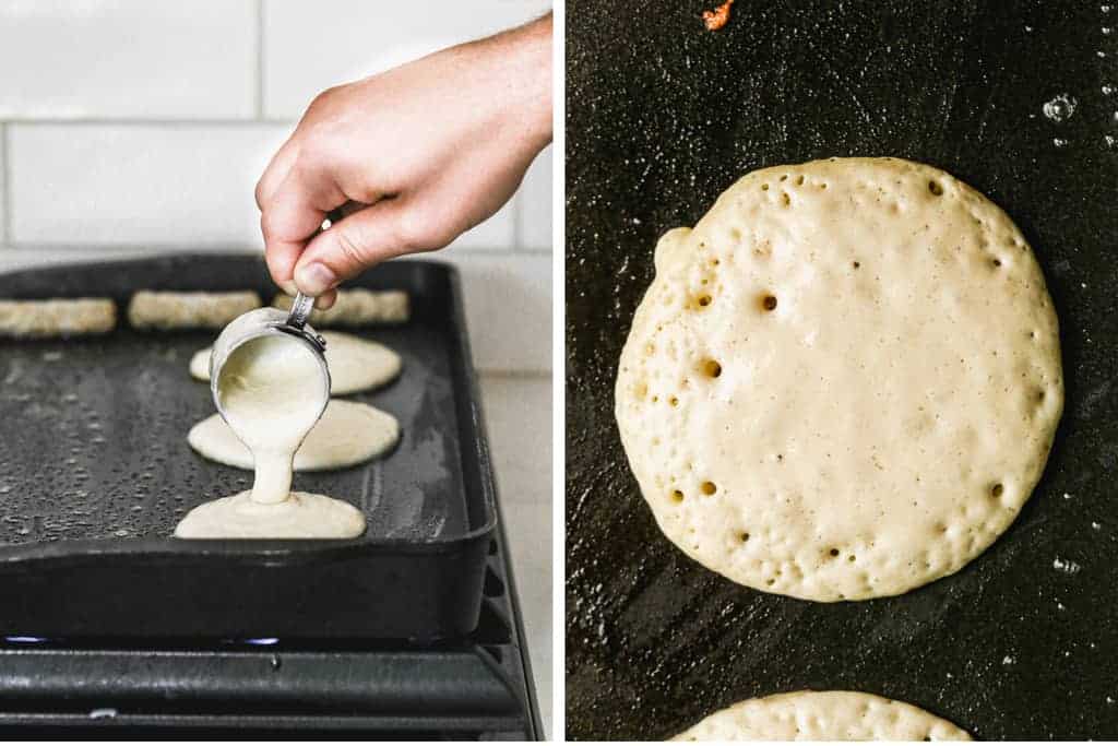 Two process photos of pancake batter being poured on a hot skillet, and bubbles forming on the pancake showing it's ready to flip.