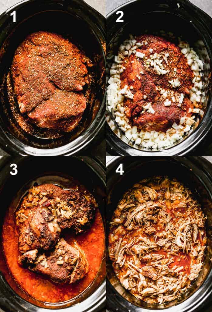 Four process photos for seasoning, cooking and shredding carnitas pork in a slow cooker.