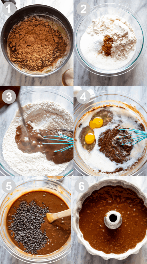 Six process photos for making a homemade chocolate bundt cake.