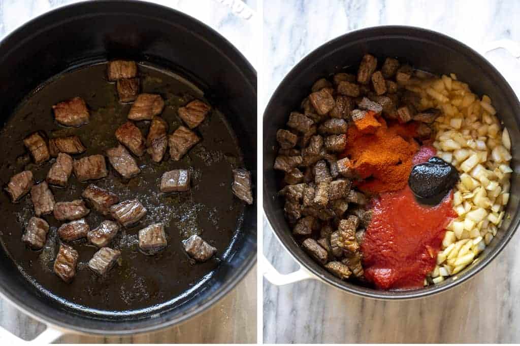 Two process photos for making Porkolt in a cast iron pot.