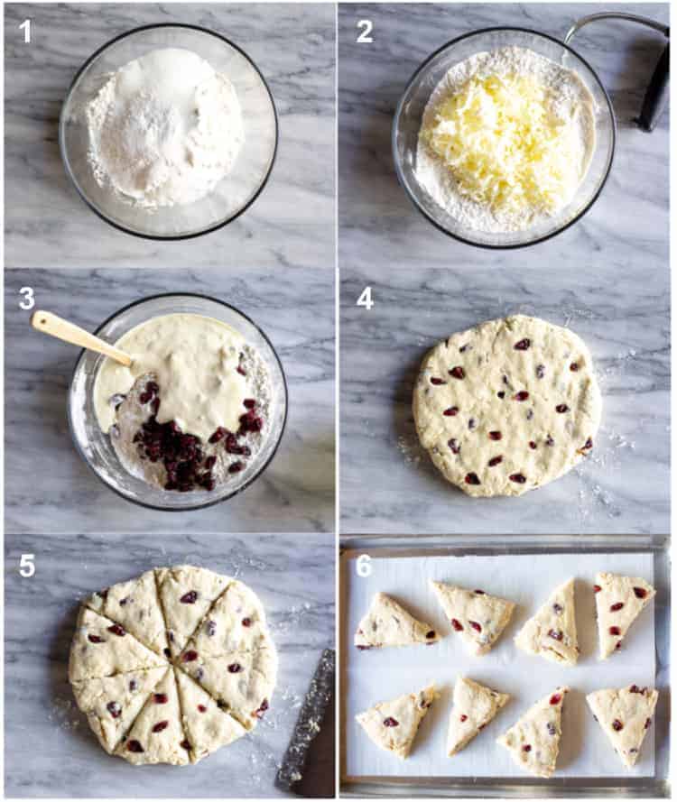 Six process photos for how to make scones.