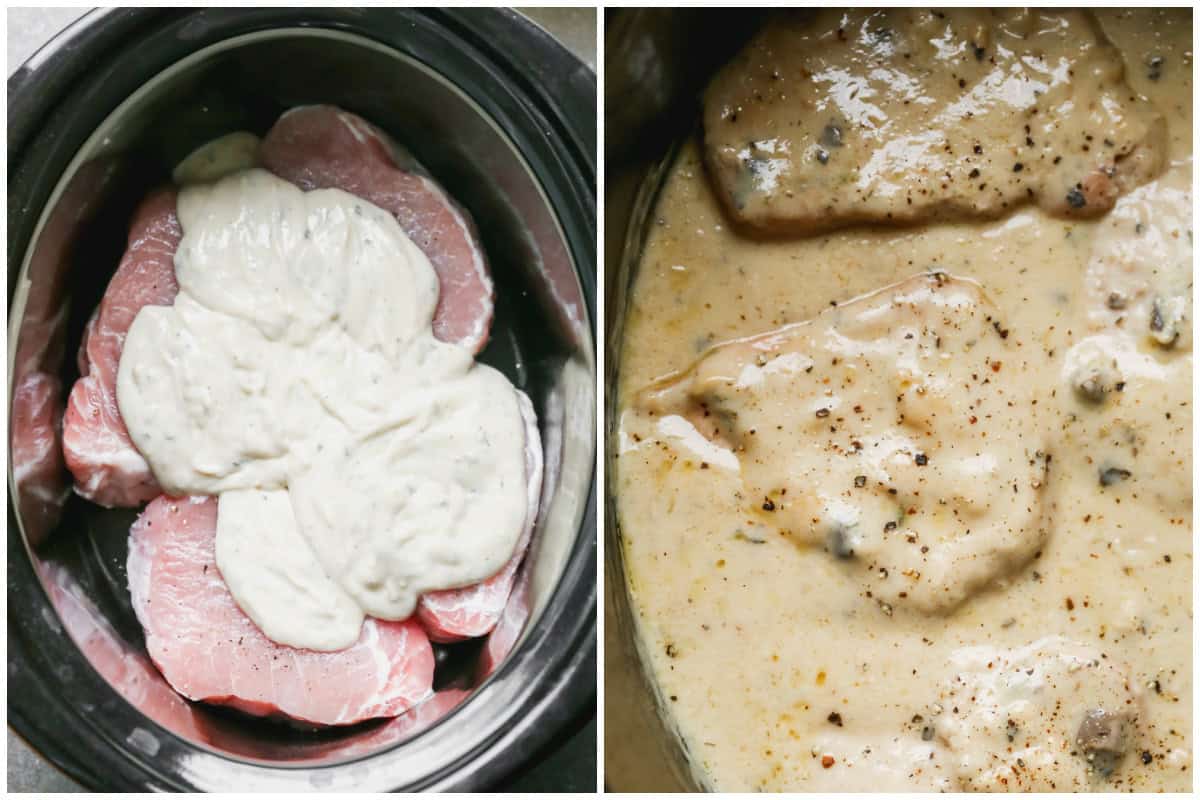 Two images showing how to make ranch slow cooker pork chops by pouring a creamy sauce on top of them in a slow cooker then cooking until done and tender. 