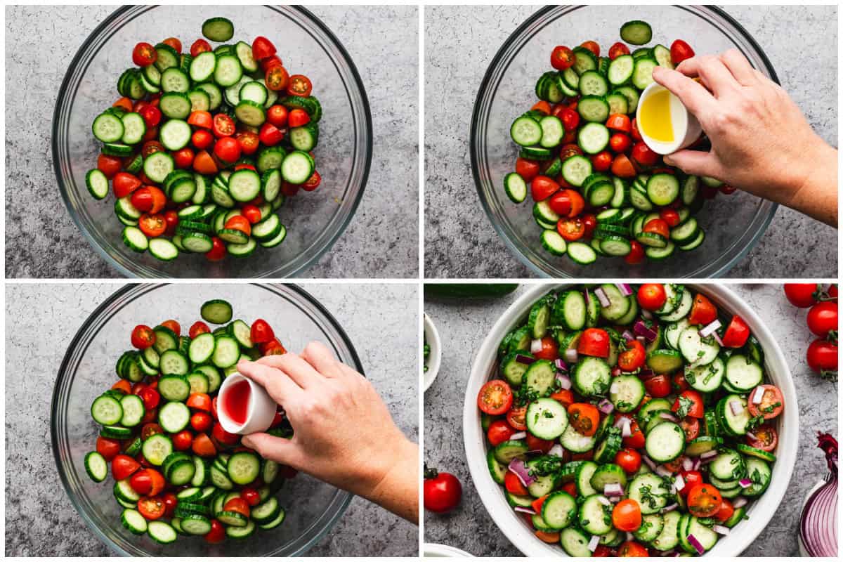 Take advantage of your fresh produce and make this cucumber and tomato salad recipe with just a drizzle of olive oil and vinegar, some salt and pepper, and chopped basil and red onion. 