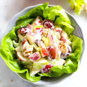 Waldorf salad in lettuce, in a bowl.