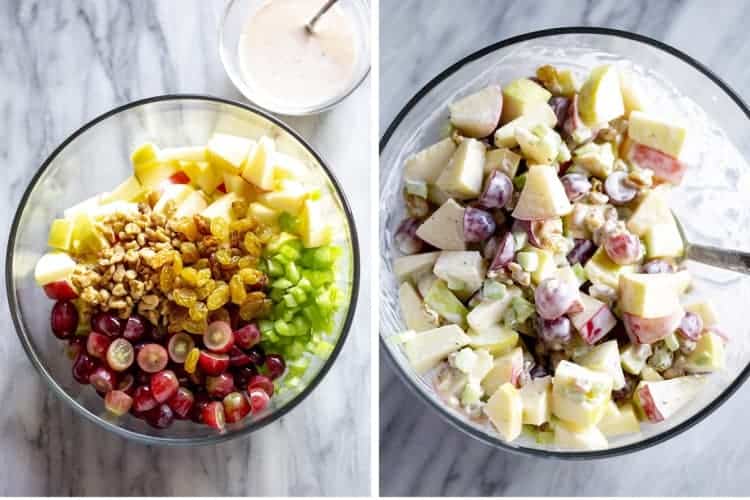 Two process photos for making Waldorf salad.