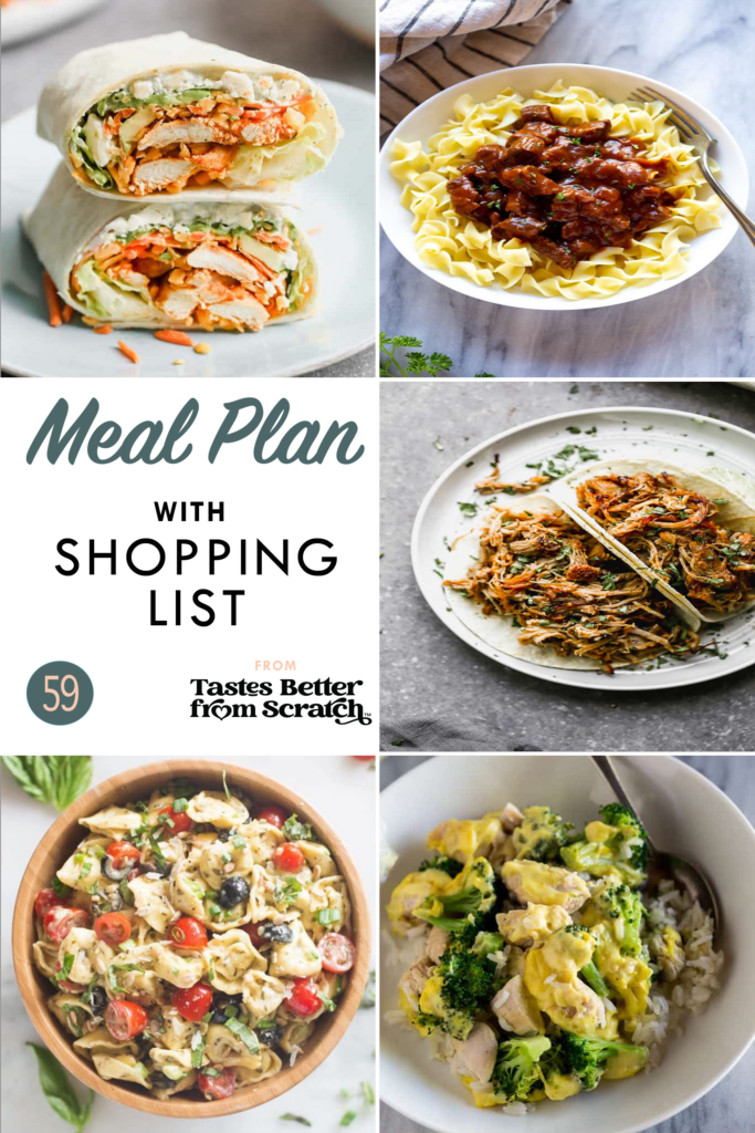 A collage of dinner recipe images that comprise a weekly meal plan. 