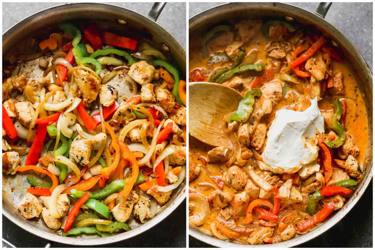 Two images showing how to make cajun chicken pasta alfredo by cooking the chicken with peppers and onion, then making a cajun sauce with milk, cream cheese, and cajun seasoning. 