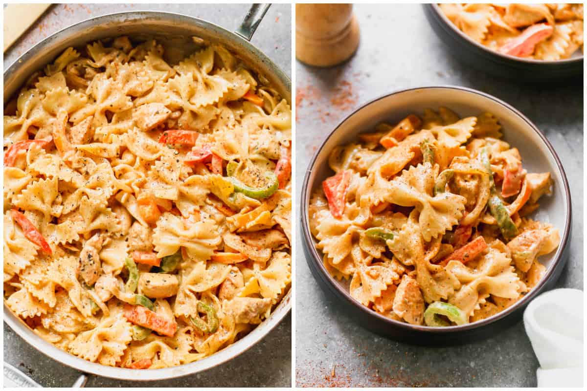 Easy creamy cajun chicken pasta in a pan, then after it's served in a bowl.