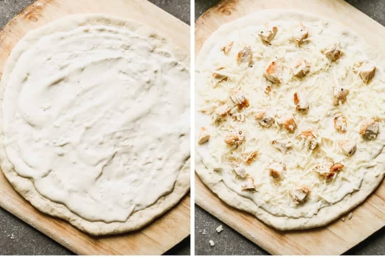 Two process photos for adding sauce, chicken and cheese to chicken alfredo pizza.