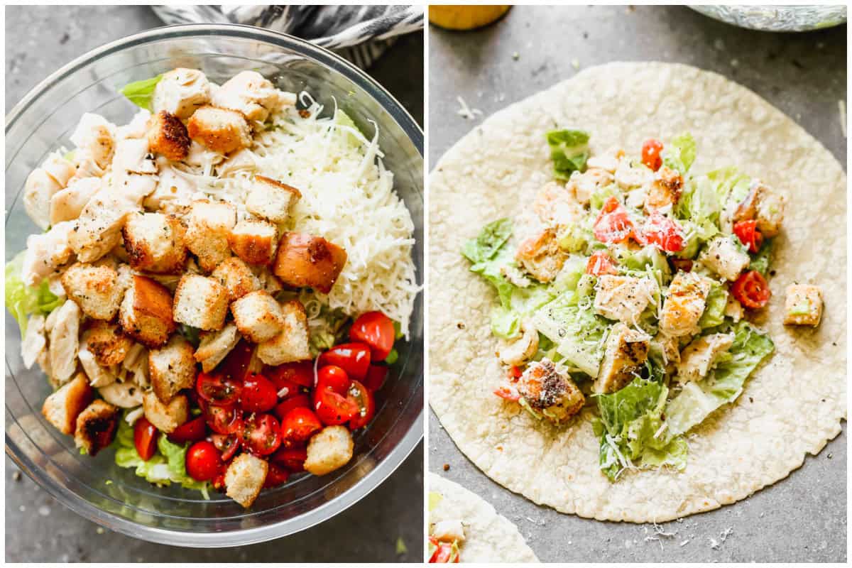 Making Chicken Caesar Wraps at home are easy and vibrant! Tomatoes, juicy chicken, croutons, lettuce, and cheese are combined then wrapped in a soft flour tortilla. 