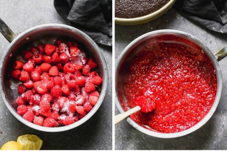Two process photos for making raspberry filling.