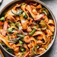 This Thai Drunken Noodles recipe is an easy noodle stir fry with a spicy kick. Control the spice level and serve it to your whole family!