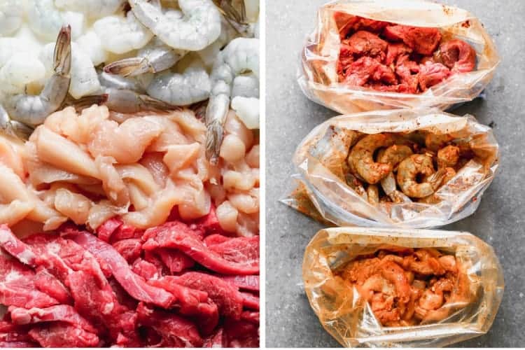 Shrimp and cut strips of steak, chicken next to a photo of them in fajita seasoning in bags.