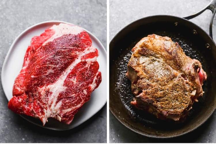 A raw beef roast on a plate, next to another photo of the roast searing in a pan.