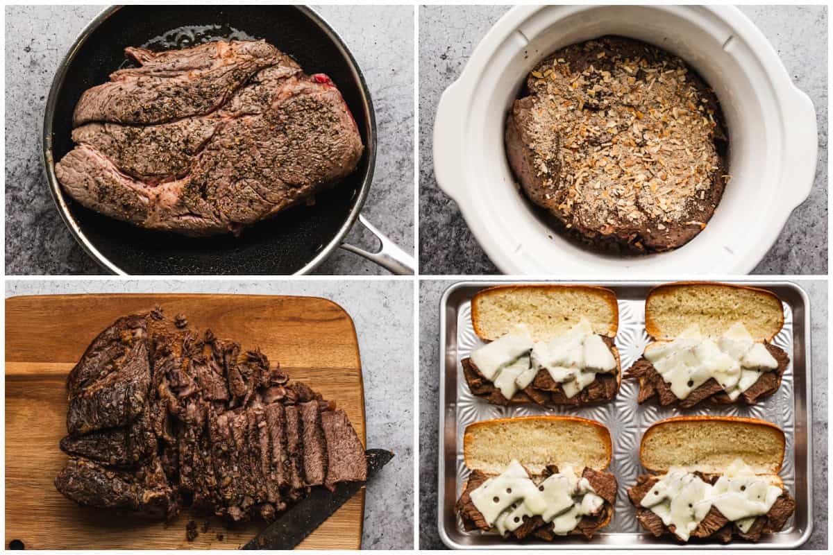 The process for making French Dip Sandwiches is so easy, just sear the meat, add to a slow cooker with some spices and cook until tender. 