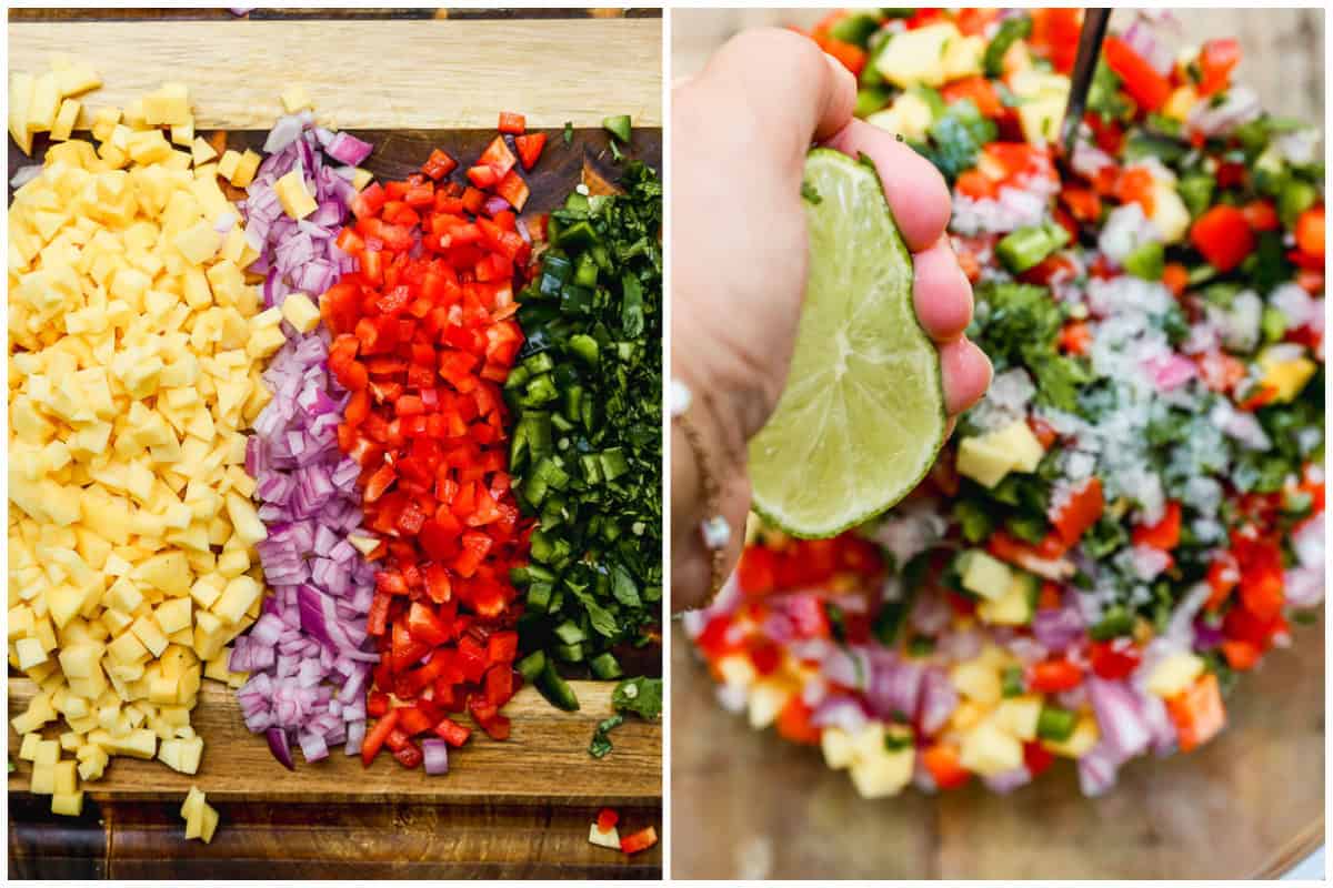 Two images showing mango, red onion, red bell pepper, jalapeño, and cilantro all diced on a cutting board then when they are combined in a bowl and someone is squeezing a fresh lime on top. 