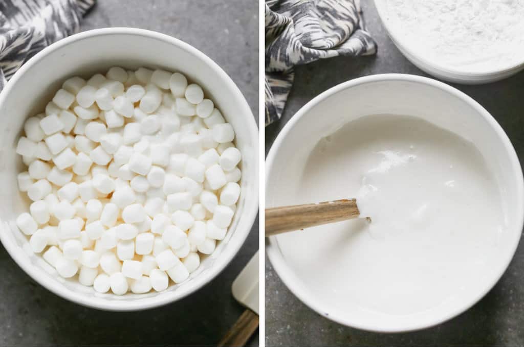 Two images showing marshmallows in a bowl, and then the marshmallows melted.