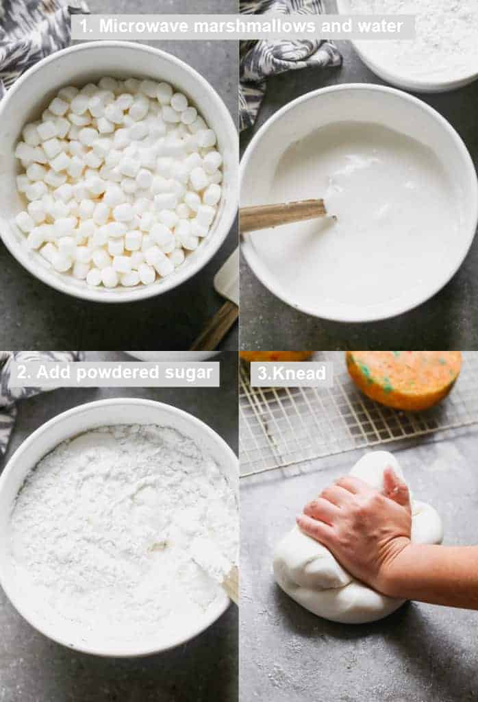 Four process photos for making marshmallow fondant.