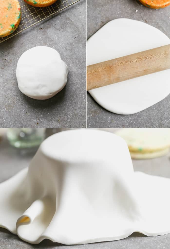 Three process photos for rolling out fondant and draping over a cake.