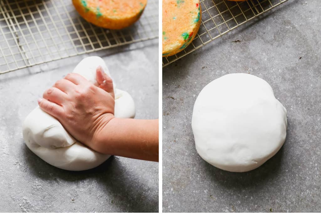 Two images showing Marshmallow Fondant being kneaded, and then in a ball.