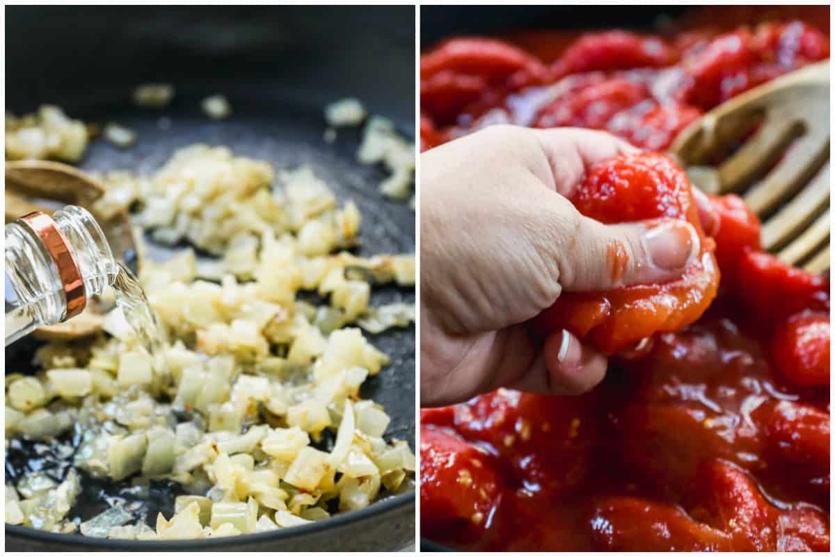 Two images showing vodka being poured in a pan with sautéed onions and garlic then someone squishing whole peeled tomatoes with their hands to show how to make penne alla vodka.