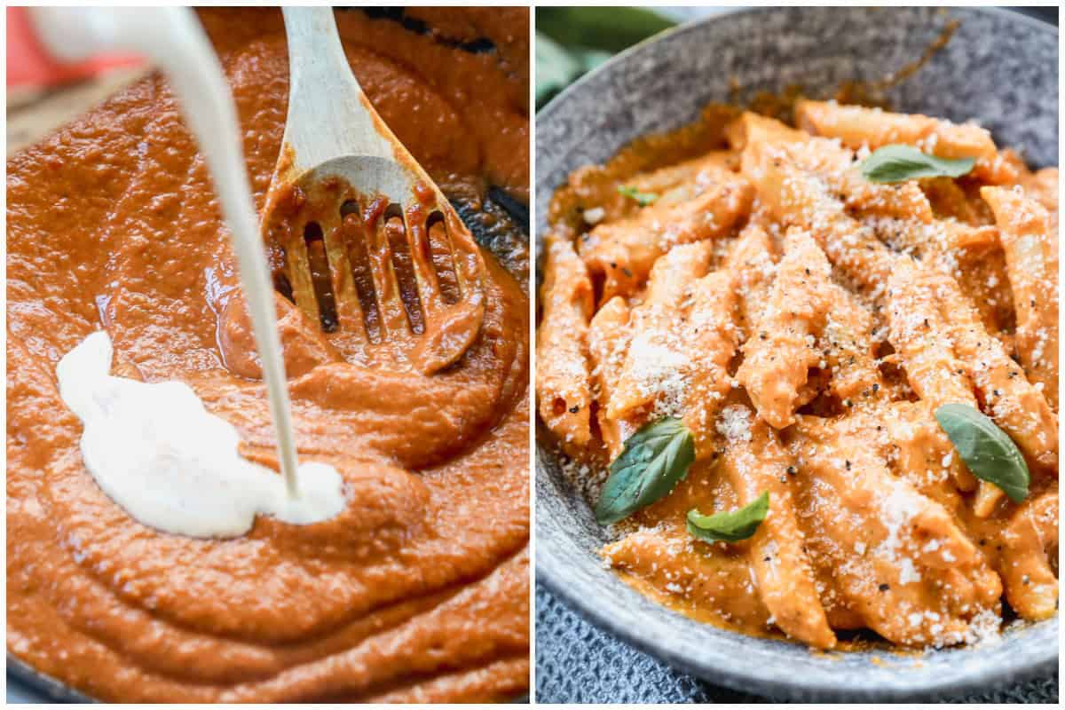 Two images showing an easy vodka pasta recipe with cream being poured in then after it's served in a bowl with fresh basil leaves.