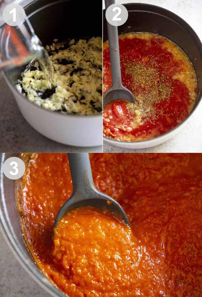 Trois photos de processus pour faire de la sauce vodka dans une casserole.
